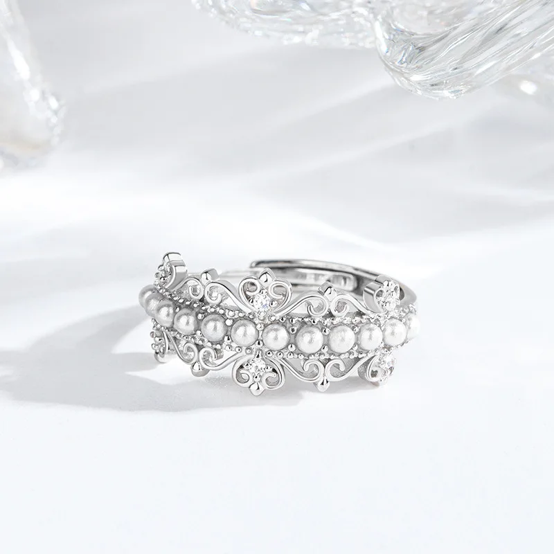 Dawn's Jewel S925 Sterling Silver Pearl Lace Ring Female Handmade Hollow Adjustable Light Luxury