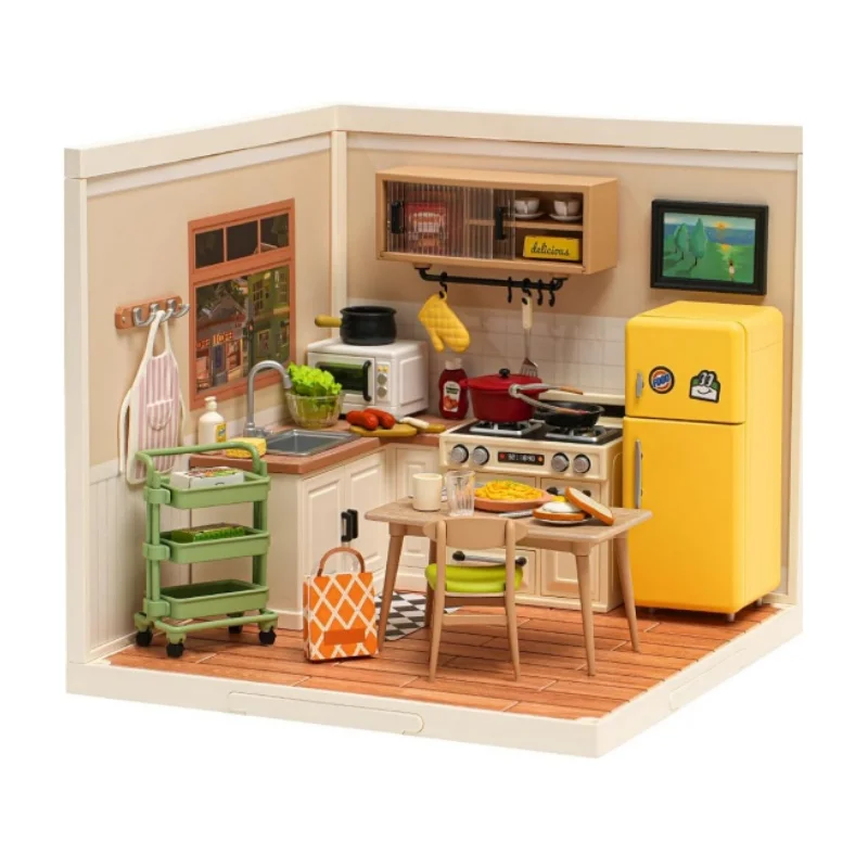 Robotime Kit casa in miniatura Kit casa delle bambole fai da te piccola stanza con Mini mobili pasti felici cucina per regali per ragazze adolescenti