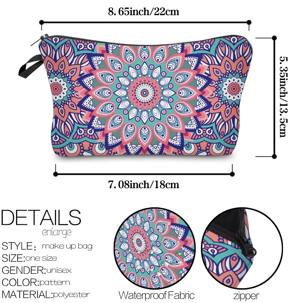 Vintage Mandala Print Cosmetic Bag; Lightweight Clutch Coin Purse; Zipper Portable Makeup Pouch