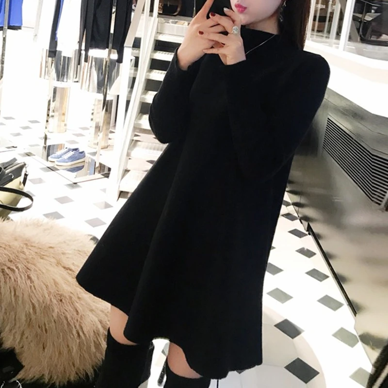 Suéter de Tricô Solto, Camada Base de Comprimento Médio, Outono Inverno, Tamanho Plus, Estilo Coreano, Gola Alta, Corte em A