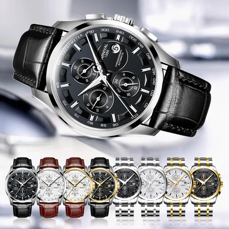 Switzerland Brand Carnival Mens Sport Skeleton Automatic Wristwatches Stainless Steel Case Chronograph Male Clock Relogio Reloj