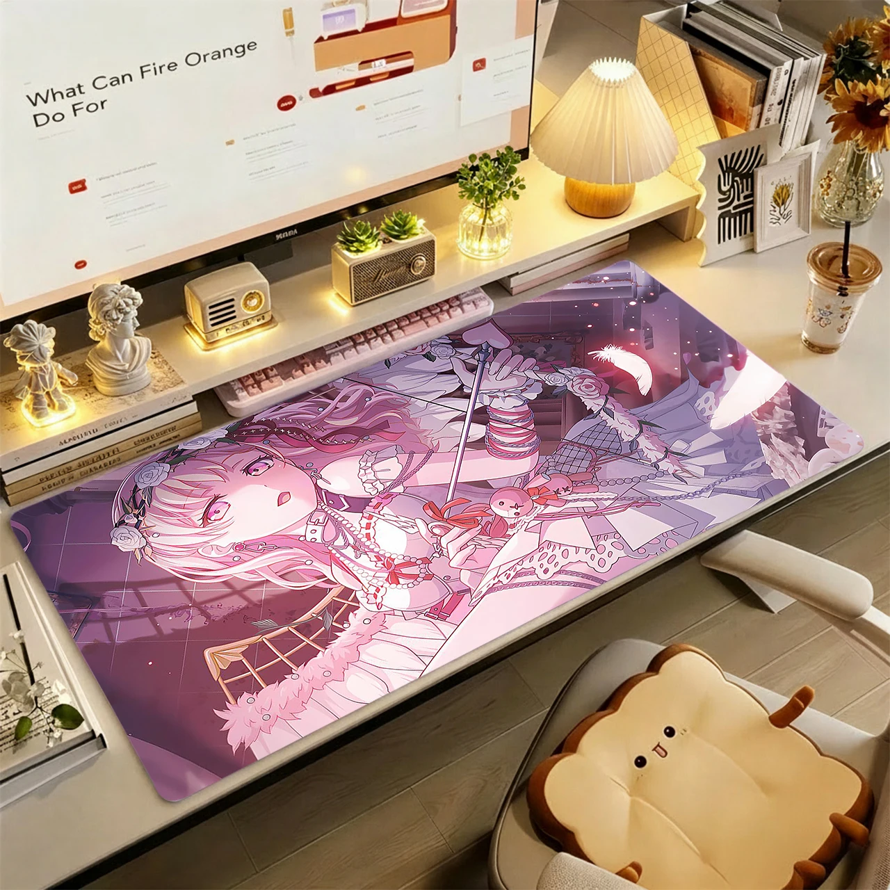 Gaming Mouse Pad,Large Extended Desk Mat,Anti-slip Rubber Base,Stitched Edges,Pink Lolita Floral Long Hair Cute Anime Girls