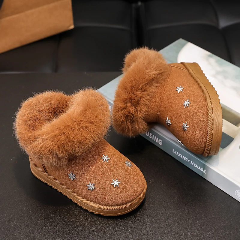 

Новые зимние детские меховые ботильоны, классические модные уличные плюшевые хлопковые ботинки для малышей для девочек, удобные детские зимние сапоги