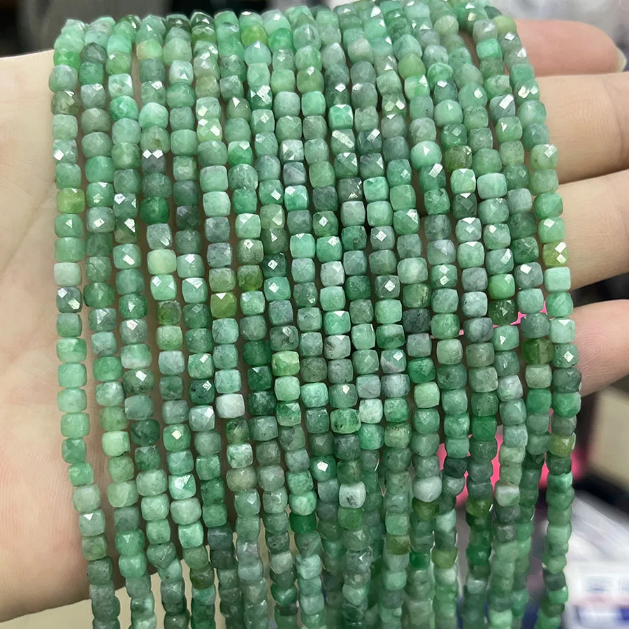 

Natural Emerald Gemstone Handmade Faceted Cube Loose Beads For DIY Jewelry Making Bracelet Necklace 15” 4mm