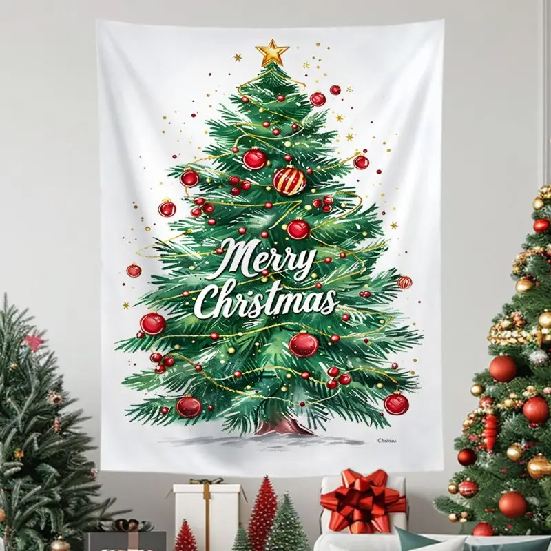 VIKAMA Wall Tapestry Christmas Hand Painted Tree Candy Cane Red Ornaments Home Decor Living Room Bedroom Dorm Festive Print Soft
