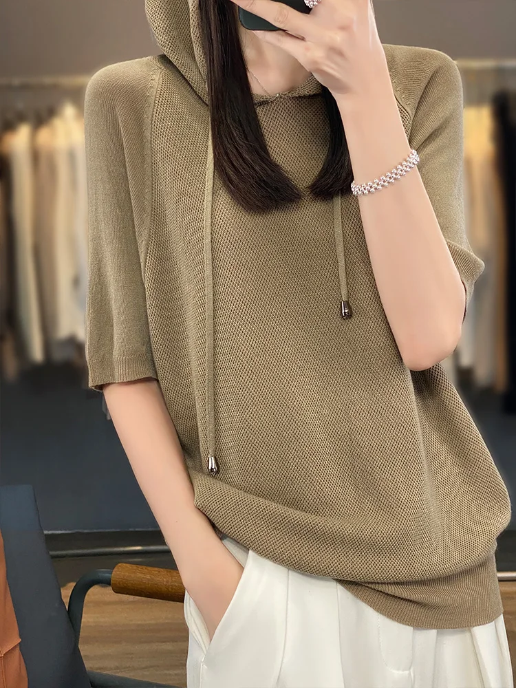 Women Tees Hooded Pullover Short Sleeved Ice Silk Top Breathability Comfort Thin Style Spring Summer Leisure Style Slimming Down