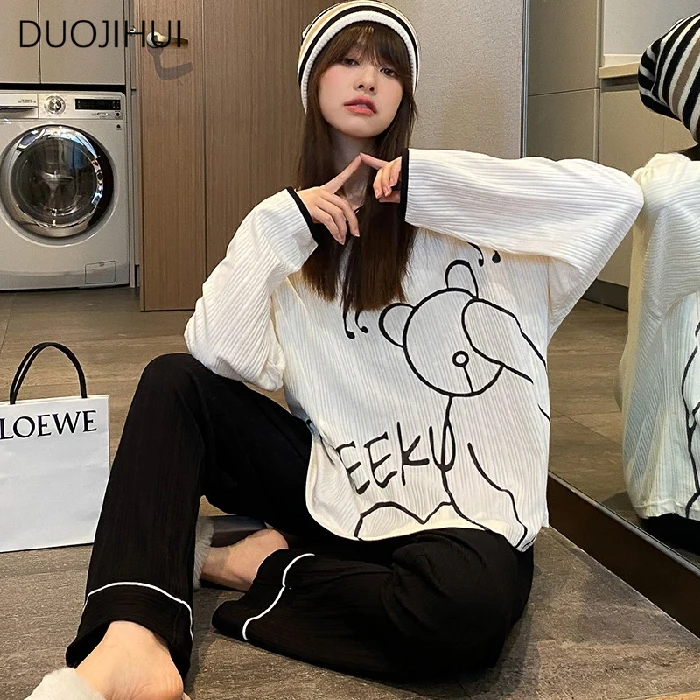 DUOJIHUI-Pyjama Deux Pièces pour Femme, Décontracté, Maison, Classique, Col Rond, Pull, Pantalon, Mode, Imprimé, Printemps