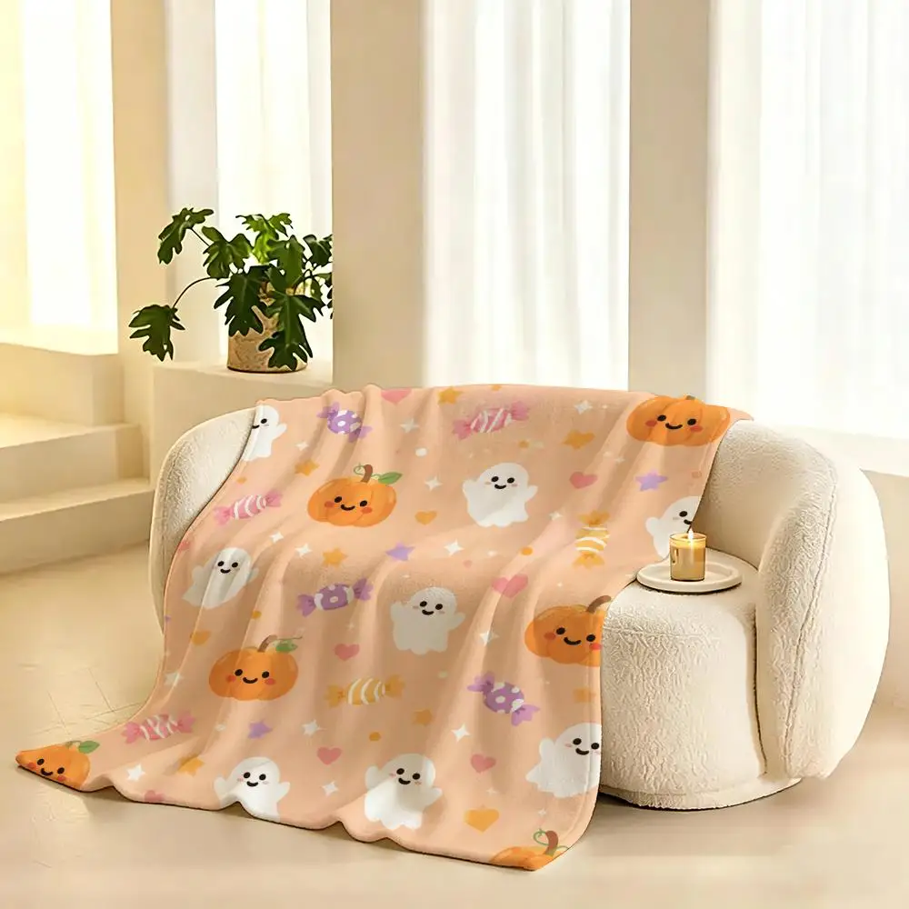 Pastel Ghost Cat Cute Throw Lightweight 240g Flannel Blanket Soft Skin-friendly for Summer Cooling