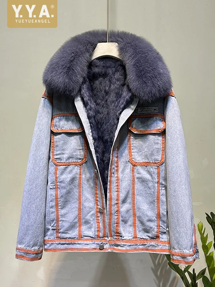 

New Winter Women Versatile Loose Denim Coat Fox Fur Collar Single Breasted Patchwork Short Jacket Winter Warm Long Sleeves Coats