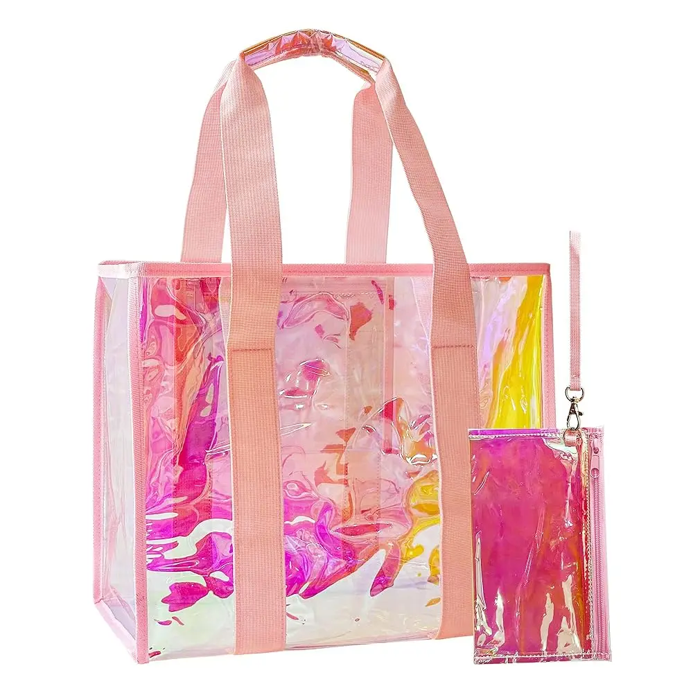PVC Waterproof Holographic Colorful Tote Handbag with Small Mobile Phone Bag for Beach, Travel and Shopping（0.4MM）