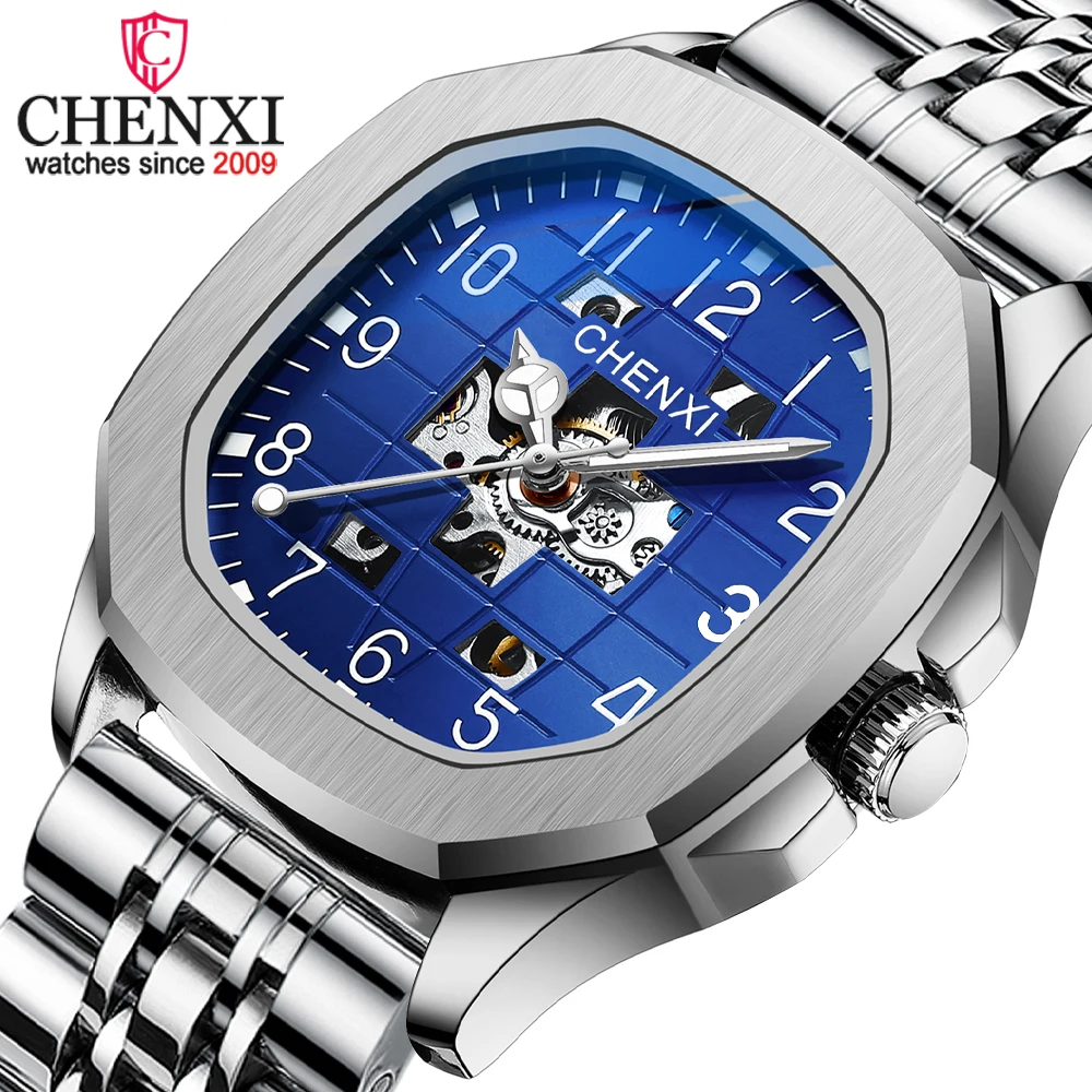 CHENXI Square Dial Automatic Men Watch Fashion Stainless Steel Wristwatches Luminous Mechanical Quartz Tourbillon Mens Watches