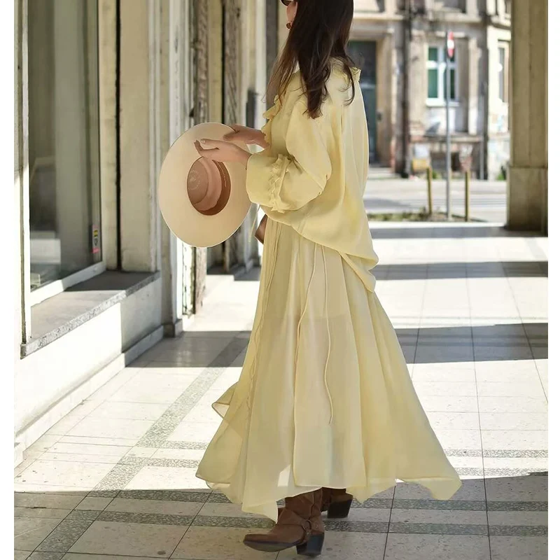 Verão novo sle solto v-ne n longo irt e chiffon f saia conjunto de duas peças faionable solto largo ne design