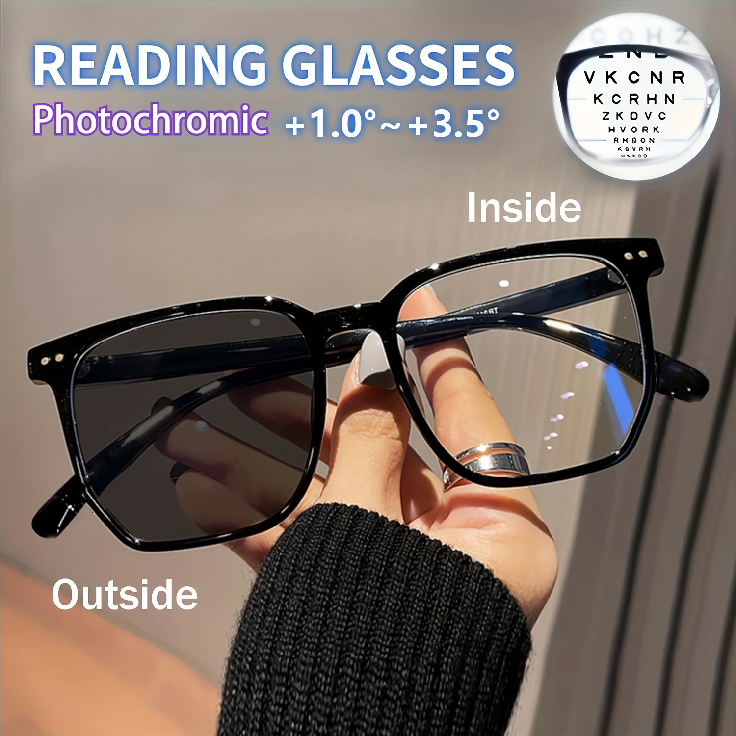 Photochromic Reading Glasses Square Eyeglasses Readers Eyewear Casual Style for All Face Types Magnification From +1.0 To +3.5
