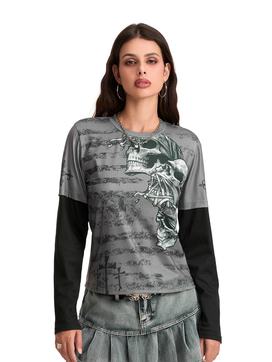 Women’s Skull Print Grunge T-Shirts Gothic Long Sleeve Round Neck Loose Fit Tops Fall Blouses