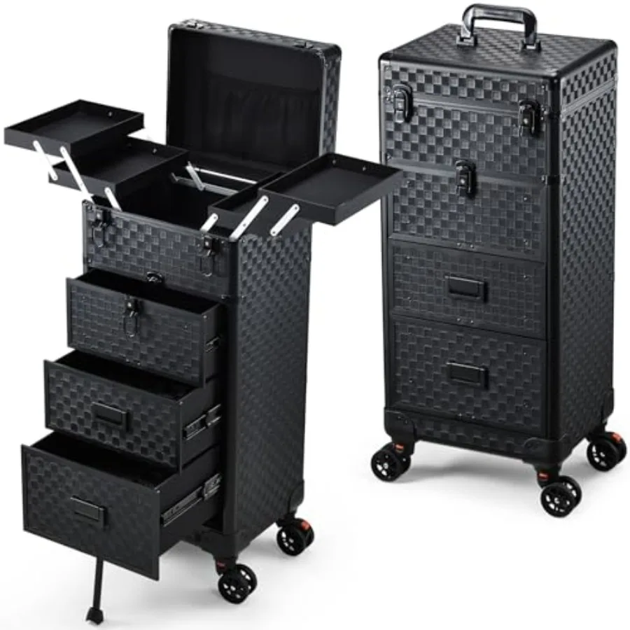 

Rolling Makeup Case with Drawers Cosmetology Case on Wheels 4 IN 1 Makeup Case 3 Drawers with Foot Stand Spring-release Mechani