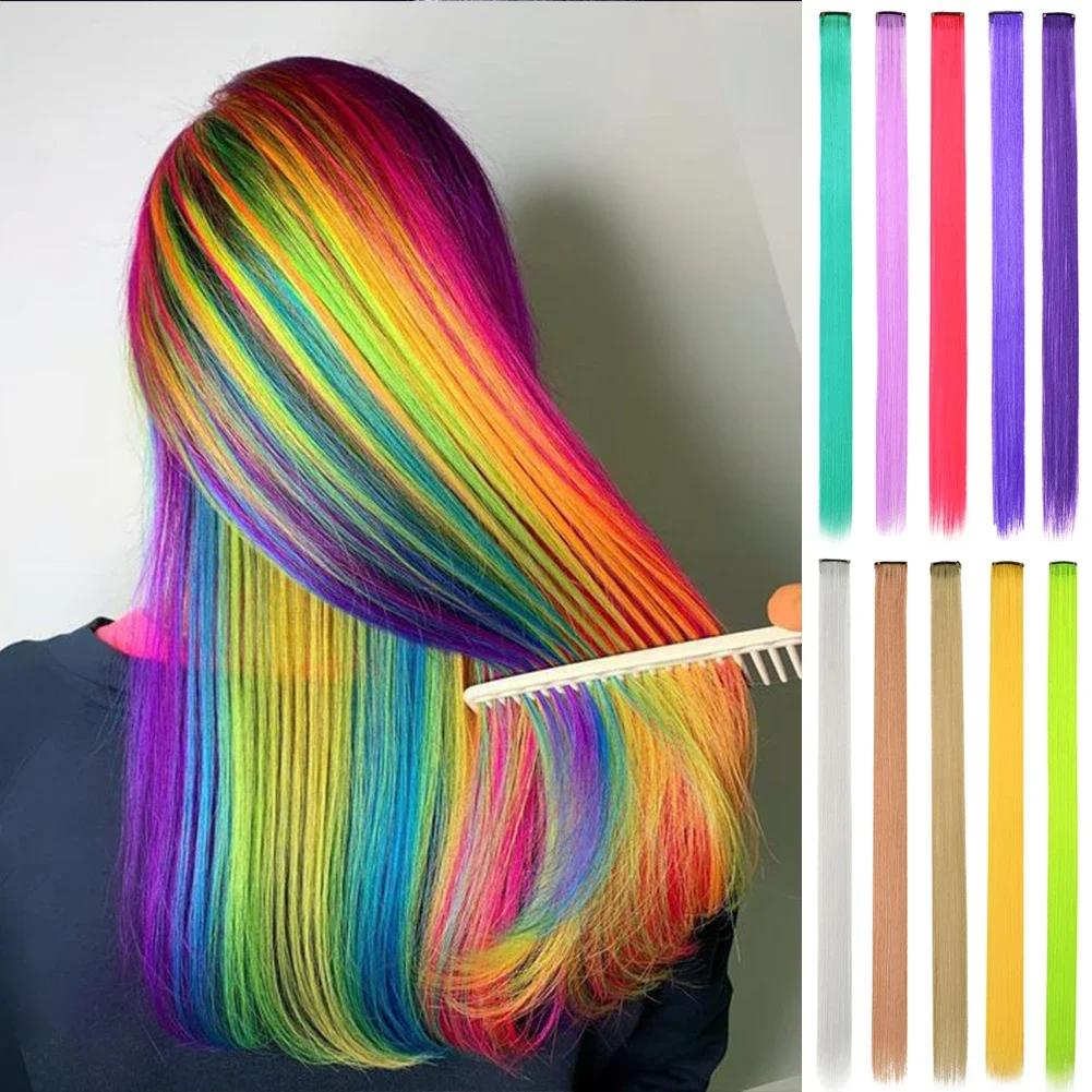 

Hightlight Colorful Hair Synthetic 10 Pcs Straight Hair Extensions 22 Inch Clip in Hairpieces for Women Party Cosplay Gifts