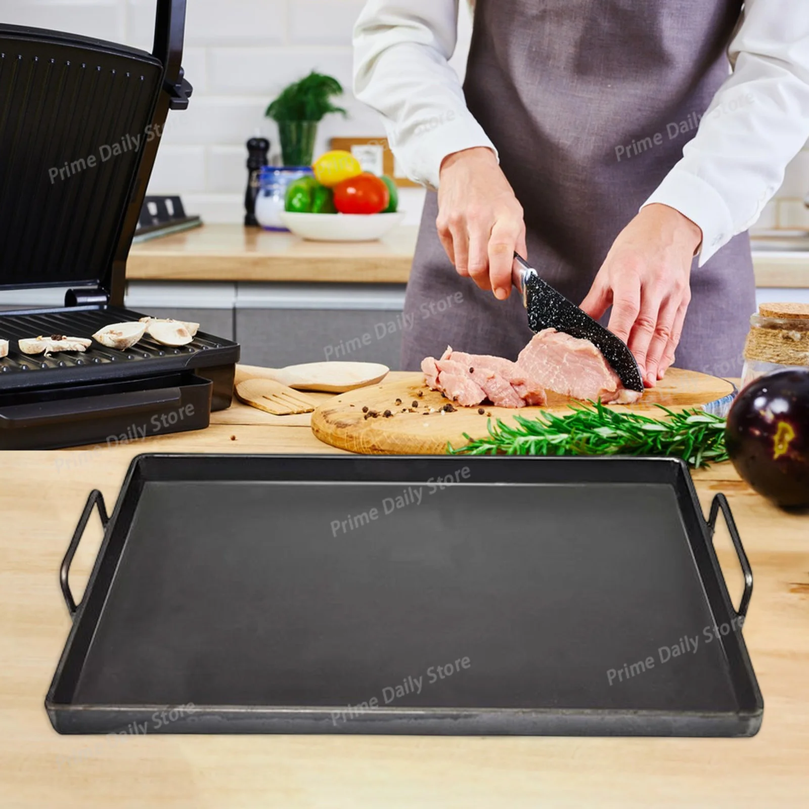 BBQ Griddle Cookware, easy-clean portable flat grilling platter, cast iron frying board for outdoor roasting preparation