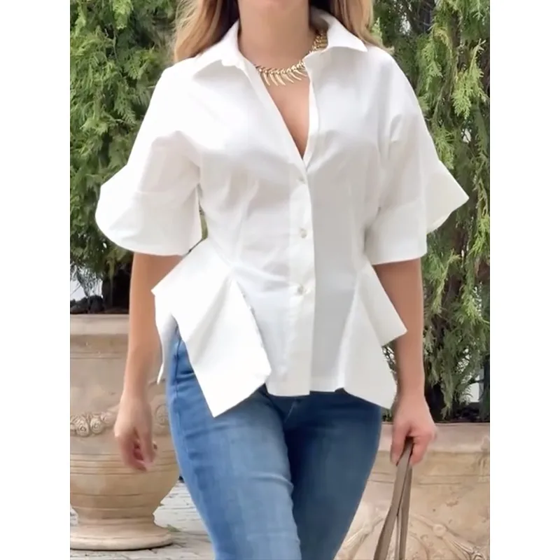 

Женские рубашки нестандартной формы из 100% хлопка, модные свободные повседневные однобортные рубашки и блузки с лацканами и расклешенными рукавами 2021, женские 181362