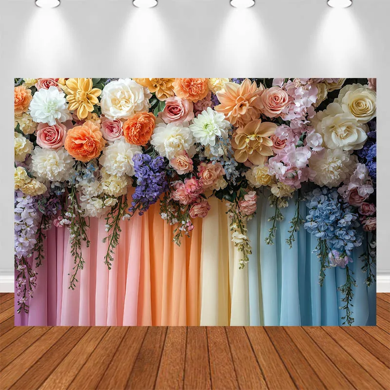 

LS Memorial Day Photography Background Rainbow Gradient Floral Drape Decor Wedding Adult Portrait Photo Backdrop Studio