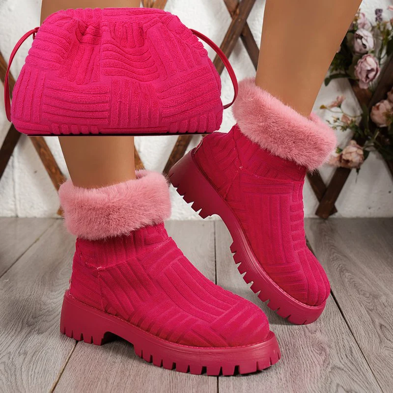 2024 Winter New Cotton Boots Women's High Top Cotton Shoes Thick Bottom With Velvet Large Snow Shoes Same Color Shoulder Bag Set