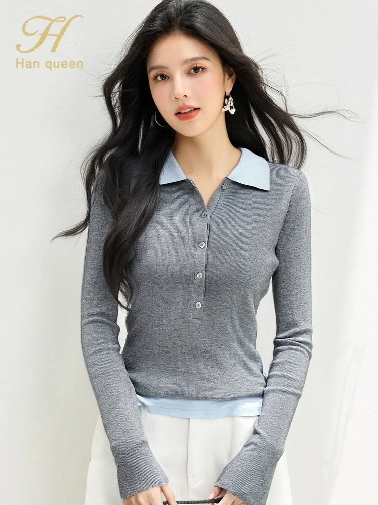 

H Han Queen 2025 Basic Fall Clothes Pullovers Simple Ladies Sweater Elegant Elasticity Korean Casual Long Sleeve Women's Tops