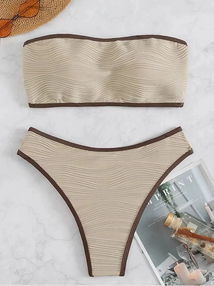 Bikinis Bandeau con encuadernación en contraste para mujer, bañador Sexy con Tanga, traje de baño con realce, ropa de playa para verano 2023