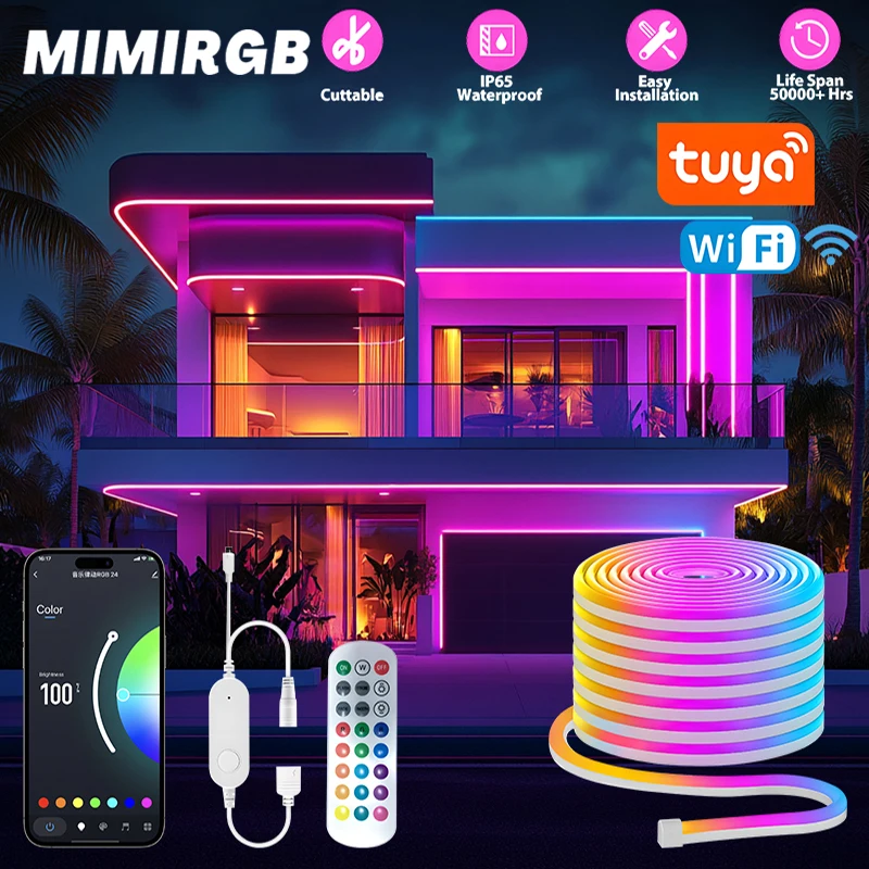 

24V RGB Neon LED Strip Light Music Sync DIY 5M WiFi Neon RGB Strip Work With Tuya App/Smart Life/Alexa Home Decor Lighting