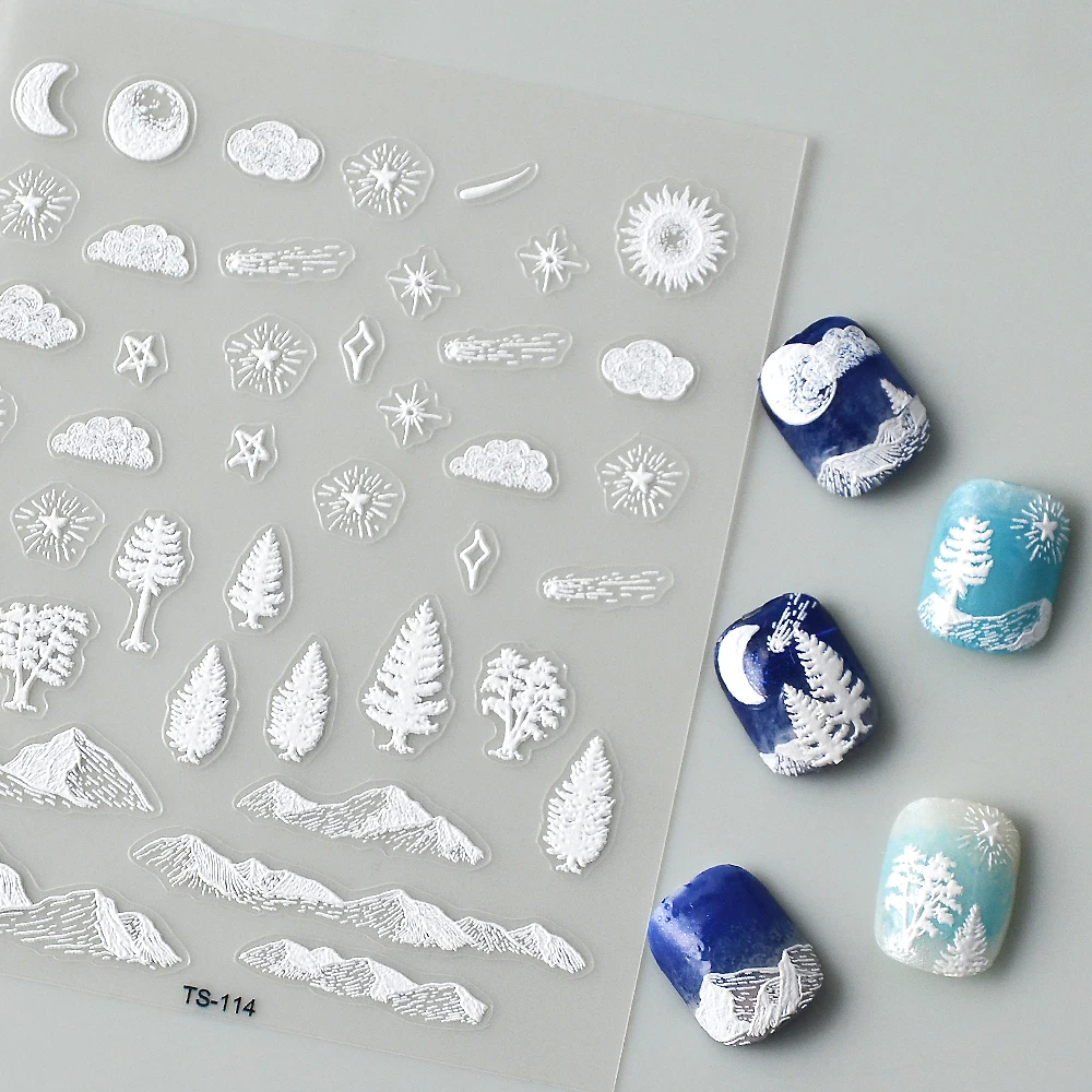 White Sun Moon Mountain Trees 5D Nail Stickers Manicure Tips DIY Nail Decals Sliders