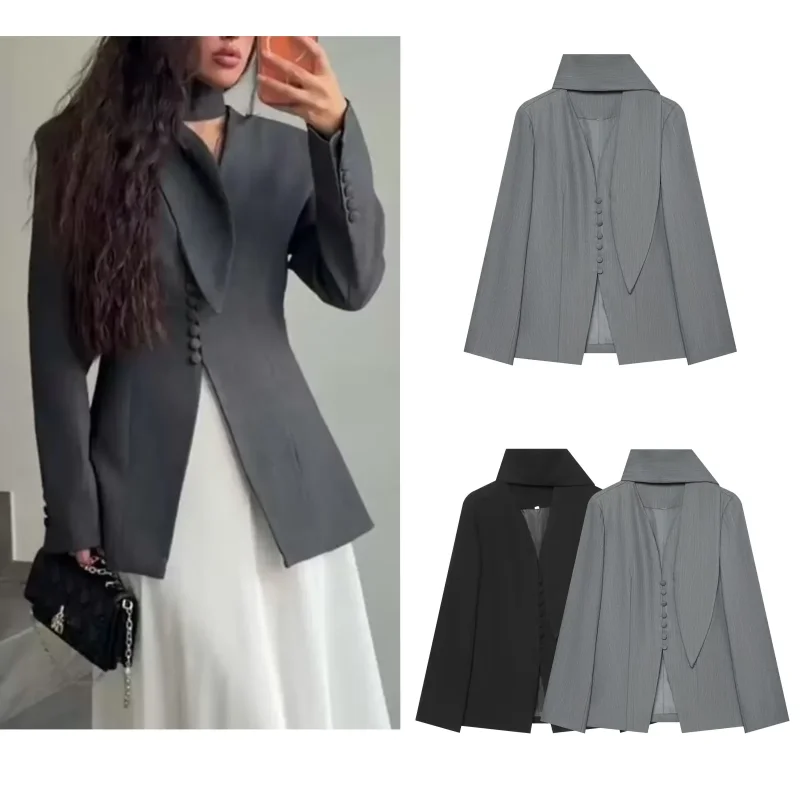 2026 Autumn New Women's Suit Fashion Jacket Unique Scarf Collar With Button Decorations Female Long Sleeves Chic Blazer Coat