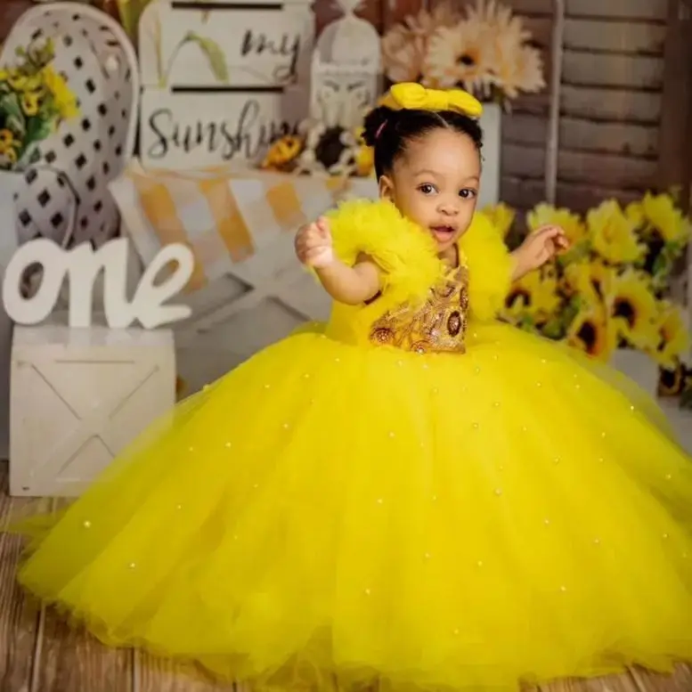 Yellow Pearls Flower Girl Dresses Customized  Sequined Kids Birthday Gowns Photos Shoot for Party Wear