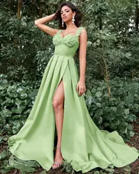 Green Long Evening Dresses with Floral Spaghetti Strap A Line with Slit Sweep Train Formal Party Prom Gowns Custom Made