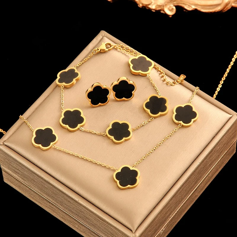 316L Stainless Steel Black Flower Five Clover Necklace Bracelet Earrings 18K Gold Plated Jewelry Set For Women Girl Gift