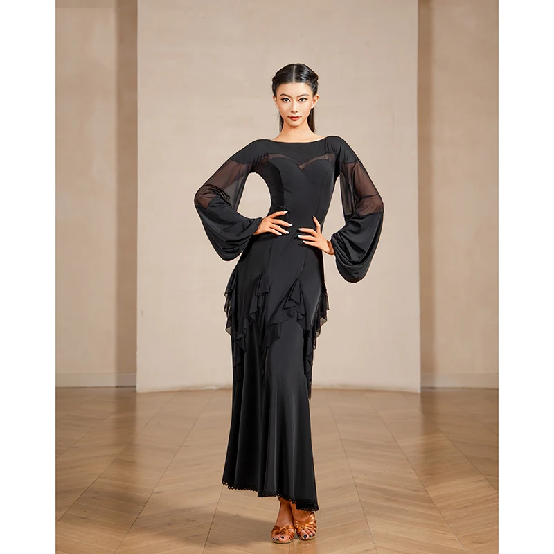 2025 Ballroom Dance Competition Clothing For Women Long Sleeved Lotus Leaf Edge Modern Dance Dress National Waltz Wear DQS21631