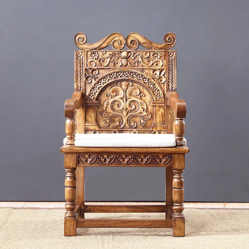 Southeast Asia ash wood three-dimensional carved single chair Thai style solid wood handcrafted dining room sofa chair