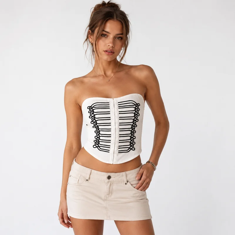 Y2K Corset Top for Women Strapless White Tube Top Contrast Black Trim Front Zipper Slim Fit Crop Top Summer Top Going Out