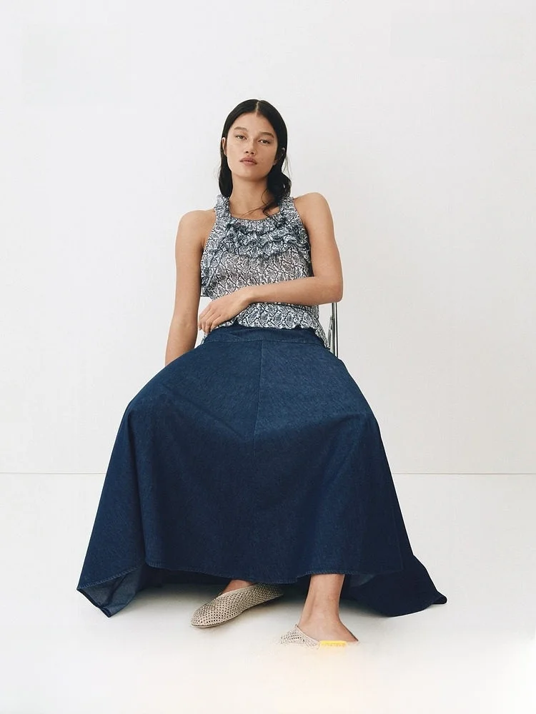 

Новая женская джинсовая юбка-клеш миди А-силуэта свободного кроя из хлопка с высокой талией H&M 322267. Модная женская одежда.