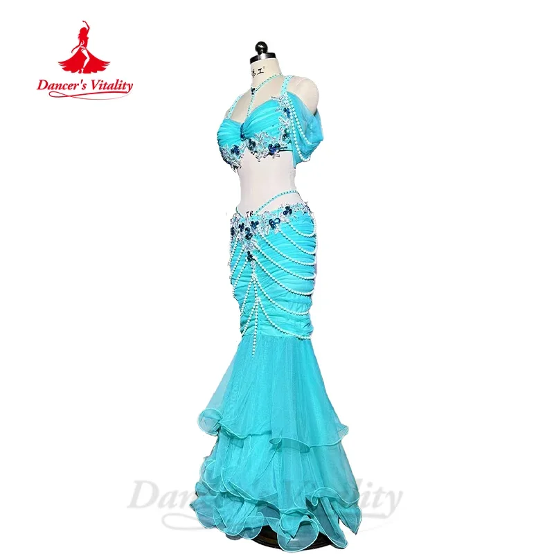 BellyDance Set Women\'s Customized Luxury Rhinestone Bra+Exquisite Pearl Fishtail Skirt 2pcs Oriental Dance Performance Clothing