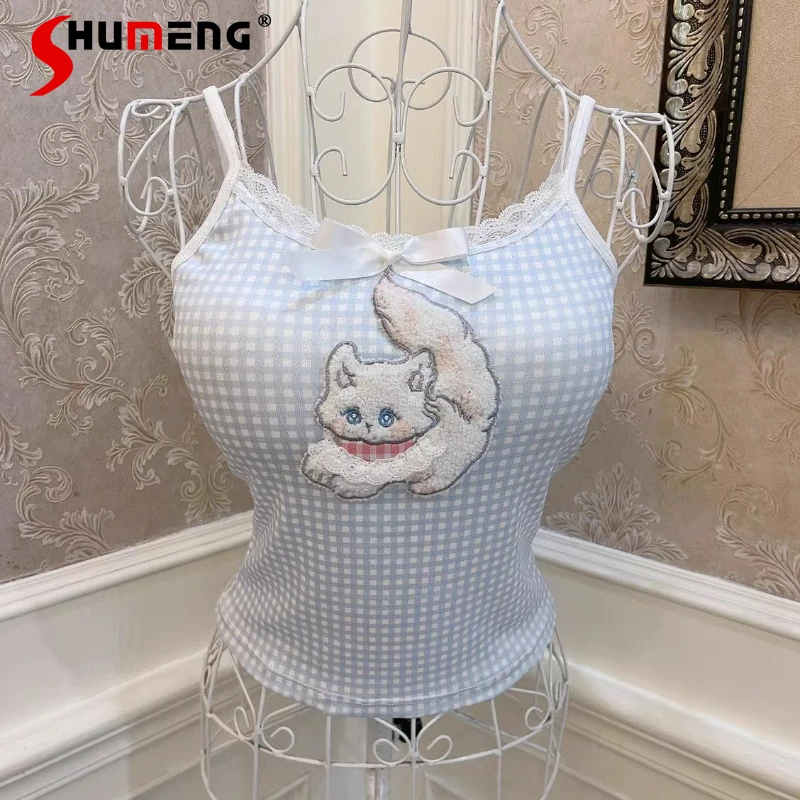 

Y2k Cartoon Cat Soft Cute Girl Sweet Plush Embroidered Blue Plaid Slimming Short Top With Chest Pad Camisole Kawaii Slings Women