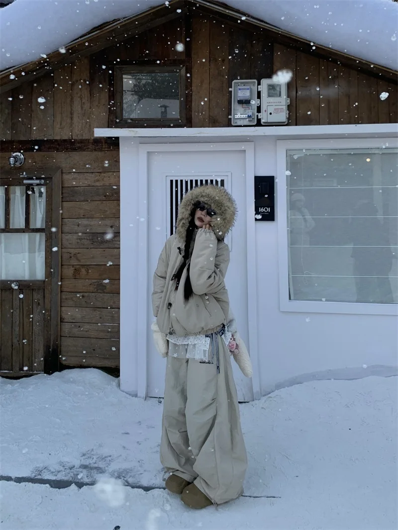 

Зимняя теплая свободная женская хлопковая куртка с большим меховым воротником, американское пальто с капюшоном в стиле ретро, повседневное пальто на пуговицах