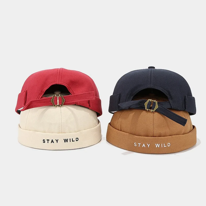 Japanese Style Letter Embroideried Landlord Hat For Women Men Retro Brimless Hip Hop Hat Adjustable Street Wear Melon Skin Caps