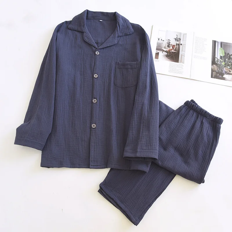 Gauze Cotton Men's Pajamas Set Button Up Top Pyjamas Man Nightwear Autumn New Night Clothing Long Sleeve Pijama Male