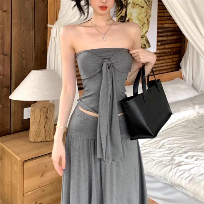 

Khaki Grey Summer Holiday Two Piece Dress Sets Sexy Bow Strapless Vest Top&High Waist Maxi Long Skirt Fashion Women 2pc Suits