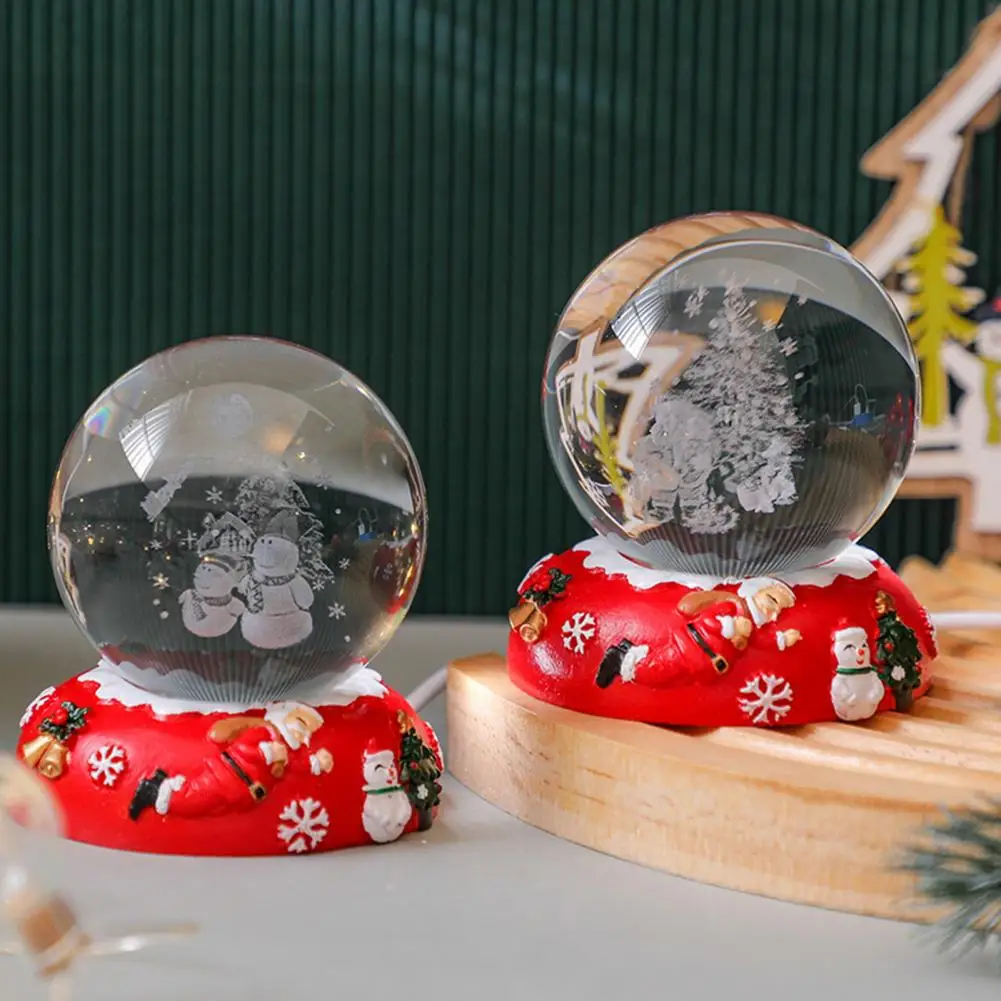 Christmas Faux Crystal Ball Night Light 3D Santa Claus Snowman Glass Ball Lamp With Base Glowing Decor Home Bedroom Decoration