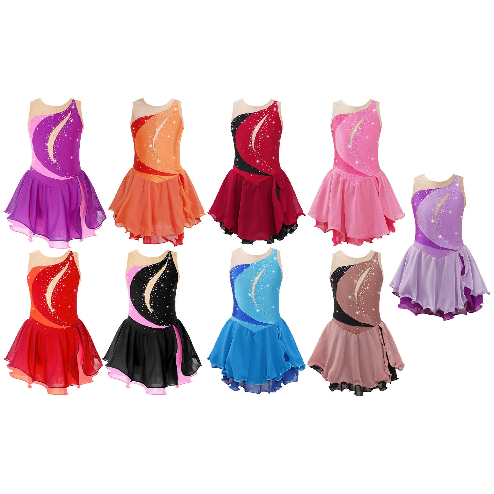 Kids Girls Figure Skating Gymnastics Dance Dress Ballet Tutu Leotard Sleeveless Rhinestone Competition Stage Performance Costume