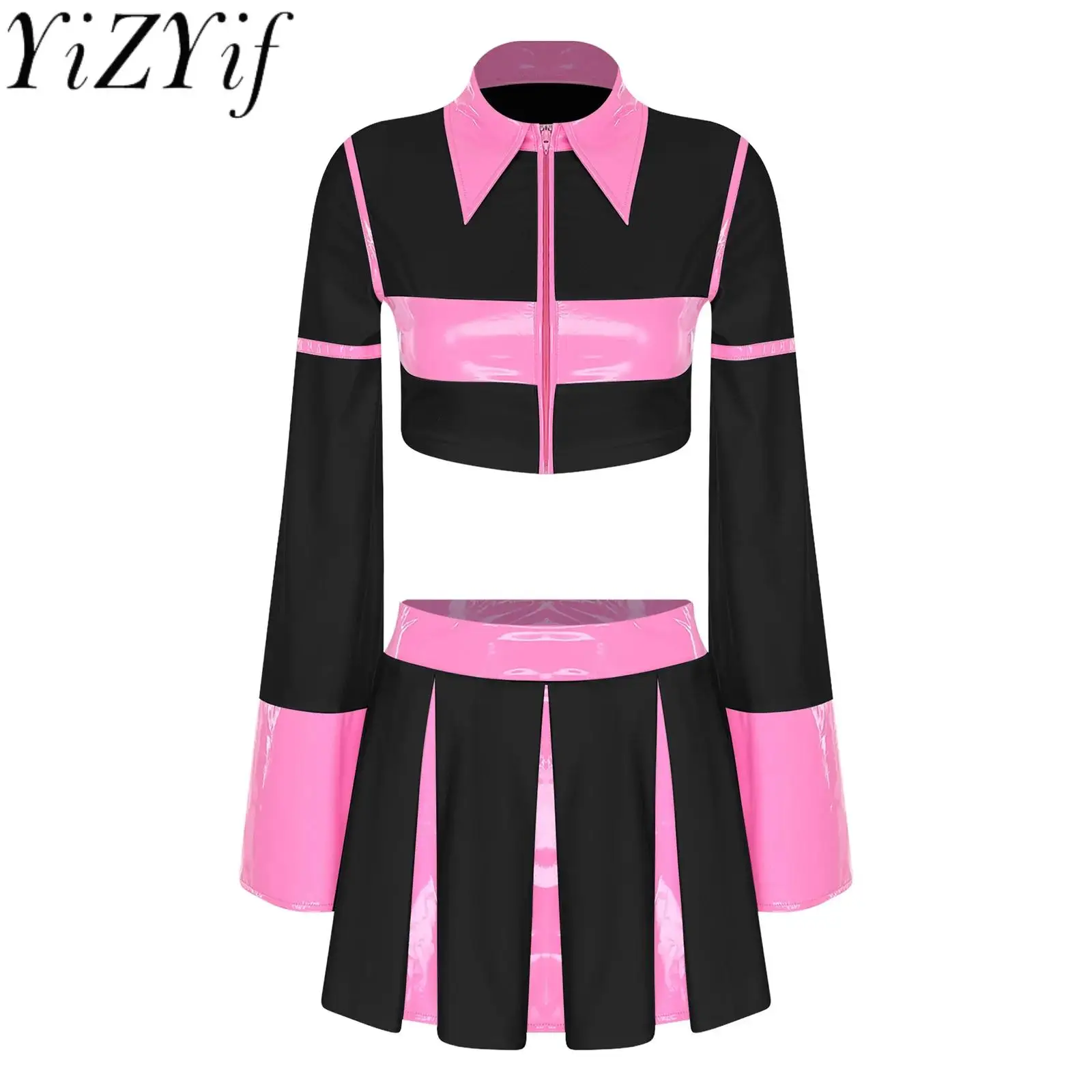 

Women Fashion 2-pcs Cheerleading Outfits Long Sleeve Crop Top And Pleated Paneled Miniskirt for Club Party Stage Dance Costumes