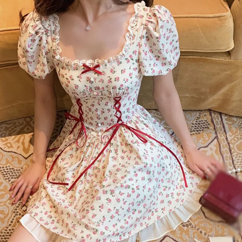Zomer elegante vierkante hals korte damesjurk met korte mouwen en bloemenprint Mori meisjesstijl bladerdeegjurken strikje kanten ruche