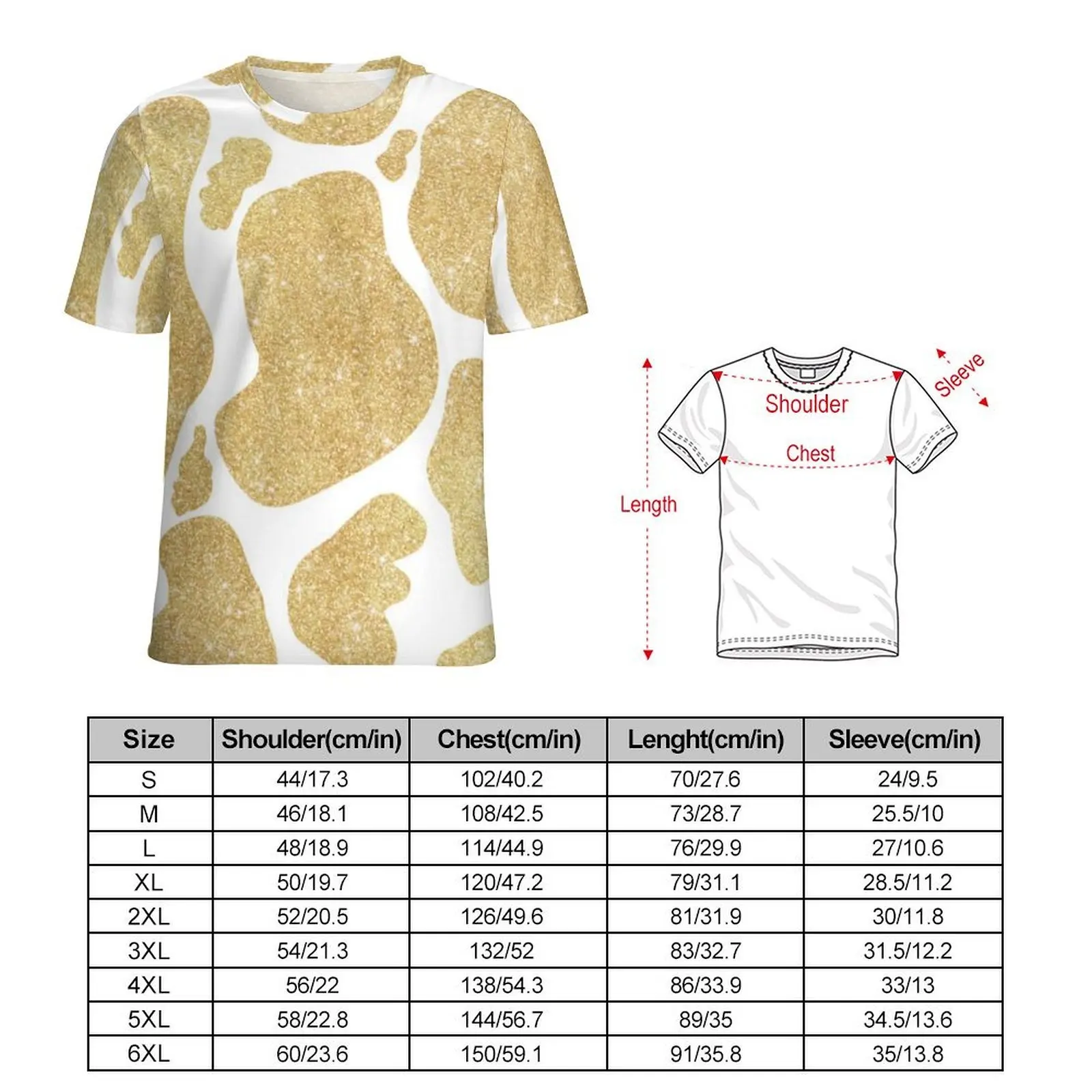 Gold White Cow Print T-Shirt Glitter Cow Spots Vintage T Shirts Man Y2K Tshirt Original Short Sleeve Graphic Clothes Plus Size