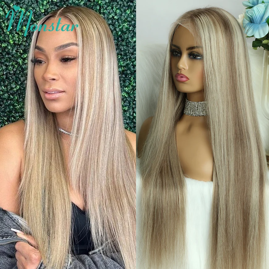 

Ash Blonde Highlight Human Hair Wigs 13x6 HD Lace Frontal Wig Bleached Knots Raw Vietnamese Bone Straight Wigs 180% 210% Density