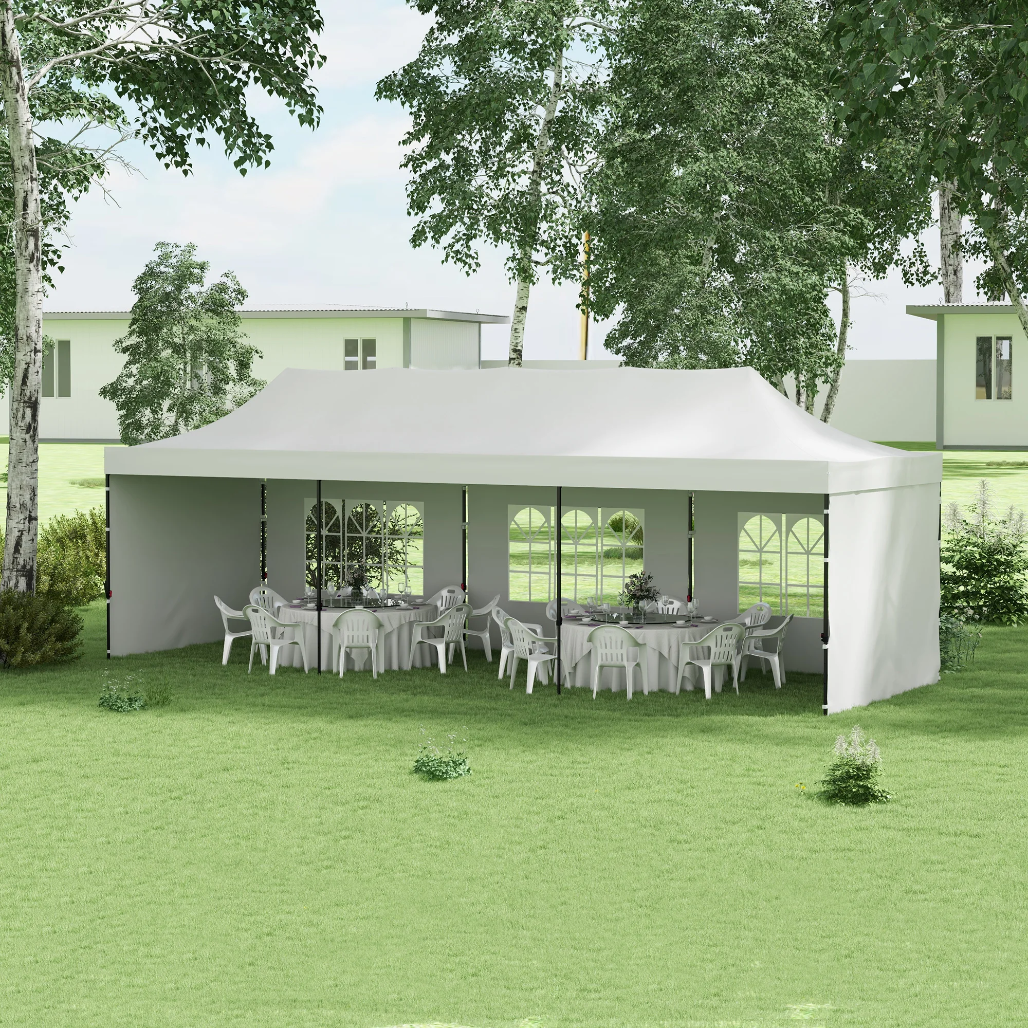 9.5' x 28' Pop Up Canopy Tent, Instant Tent for Parties, Height Adjustable, with Carry Bag and Sand Bags