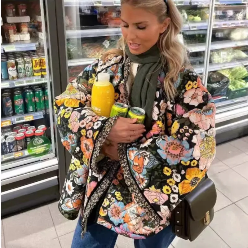 Vintage Floral Flower Printed Coat Women Fleece Thick Warm Long Sleeve Quilted Jacket 2025 Autumn Winter Female Fashion Clothing